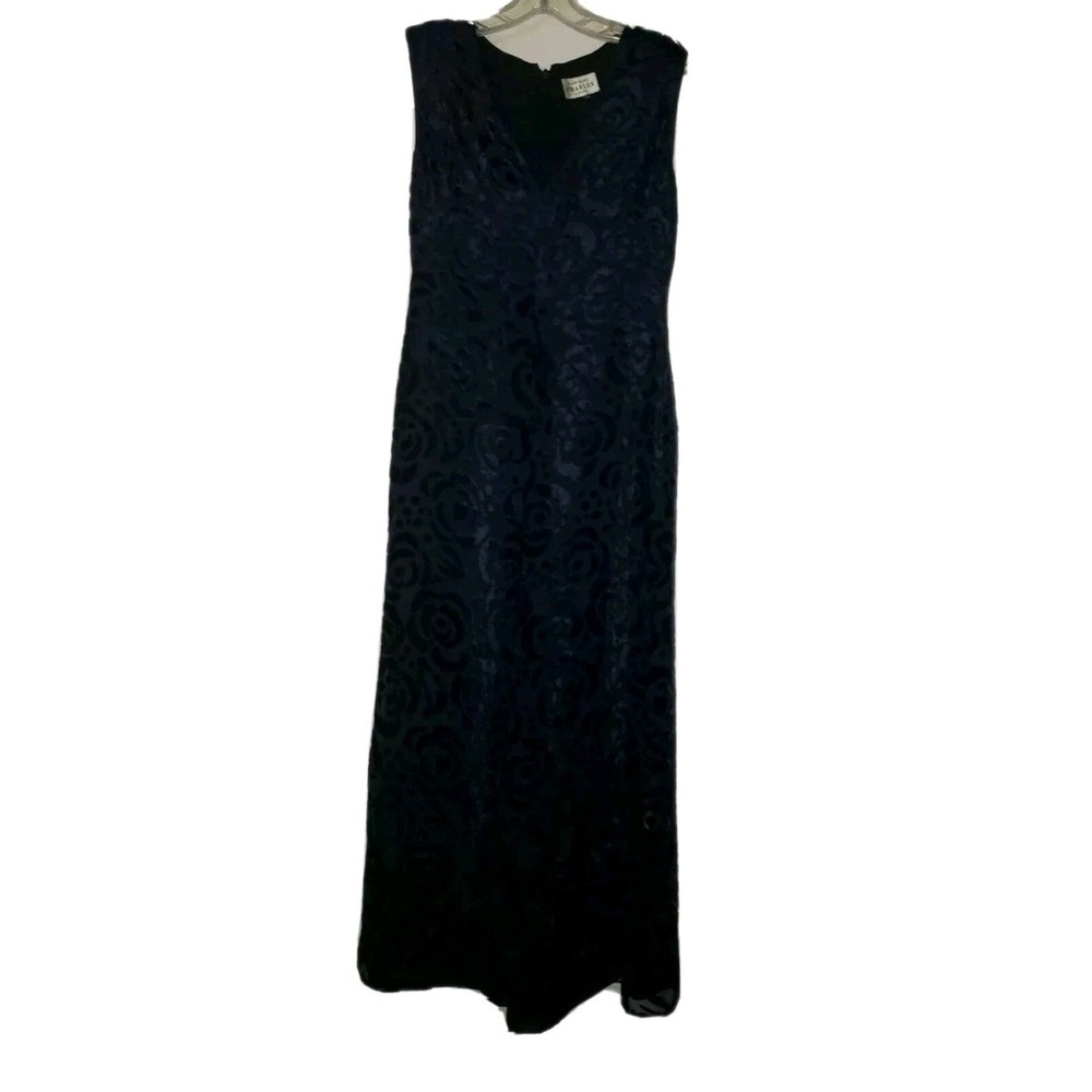 Caroline Charles London Maxi Dress Velvet Floral Design Navy Blue Women's Size 8